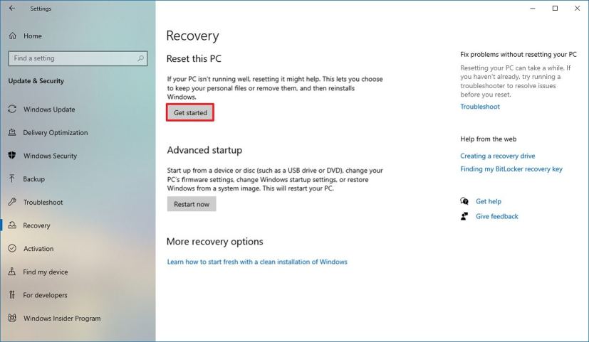 Windows 10 Reset this PC option