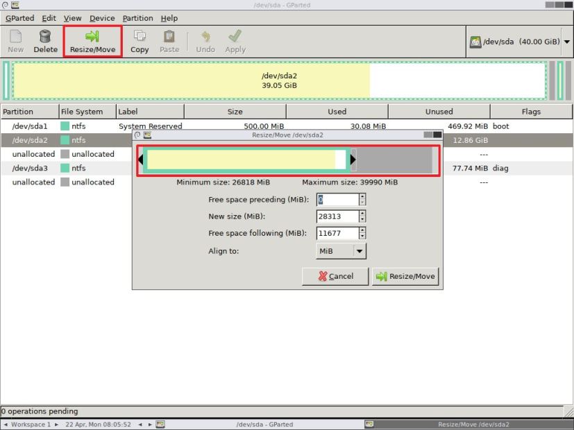 Resize Windows 10 partition using GParted