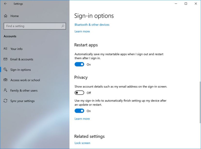 Restart apps settings on Windows 10 20H1 (image source Microsoft)
