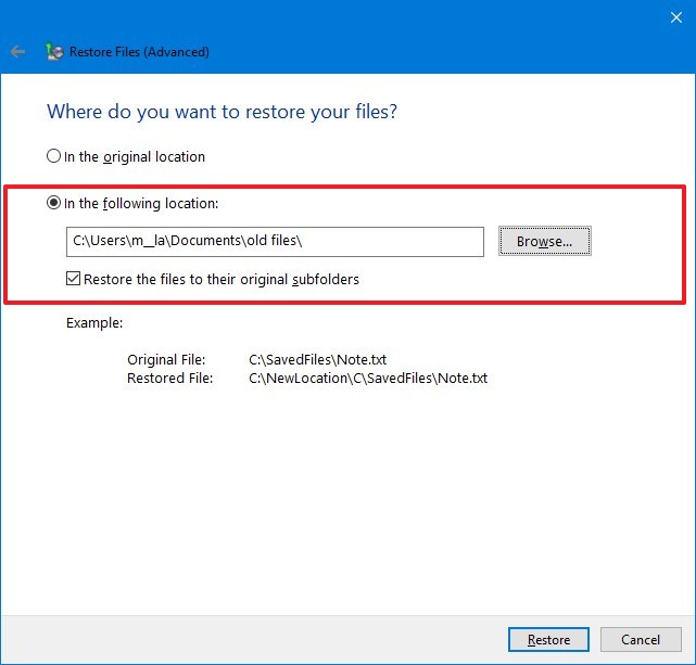 Select restore location on Windows 10