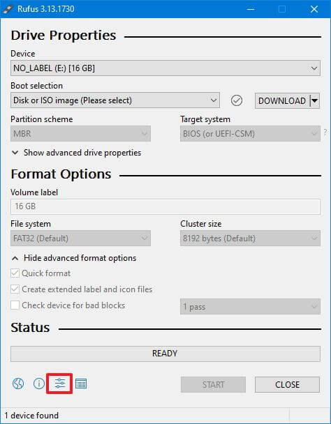 Rufus settings option