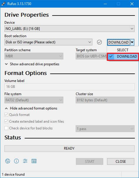 Rufus Windows 10 ISO download option