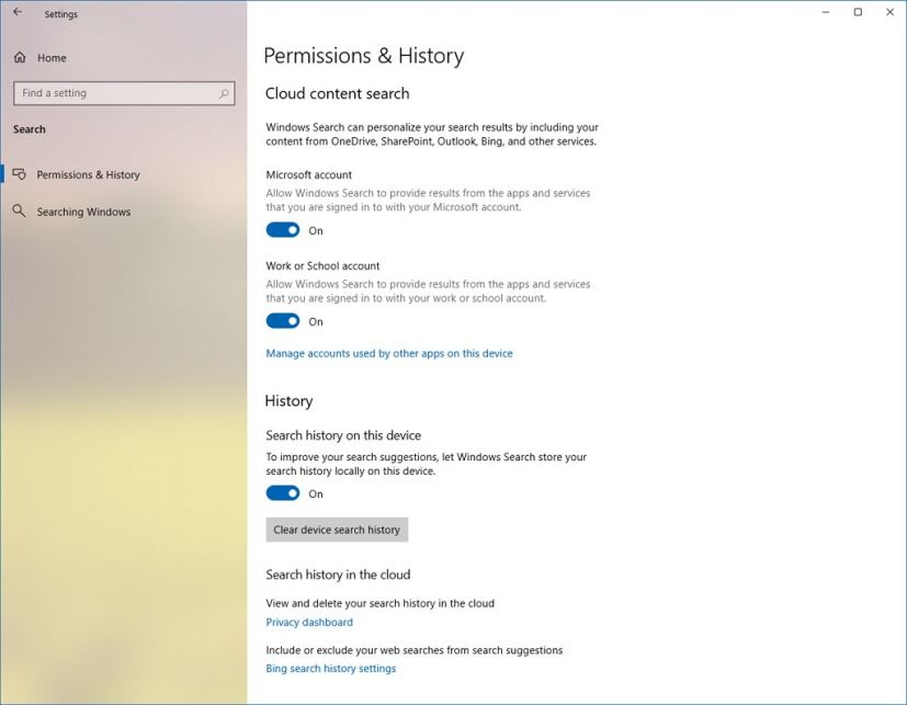 Windows Search permissions and history settings
