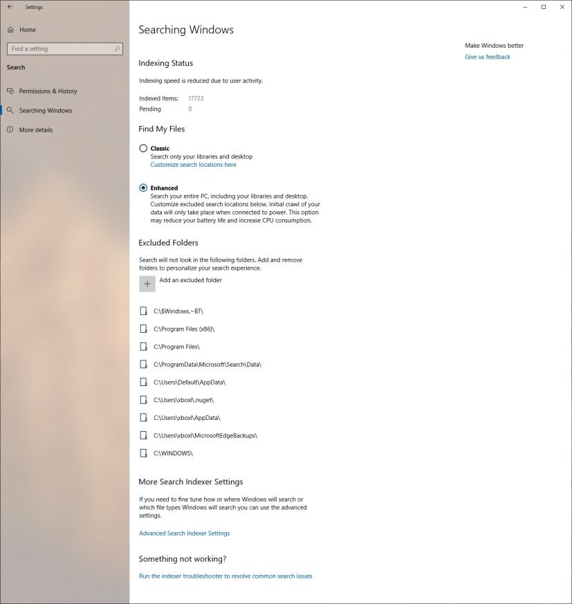Searching Windows settings on Windows 10 version 1903