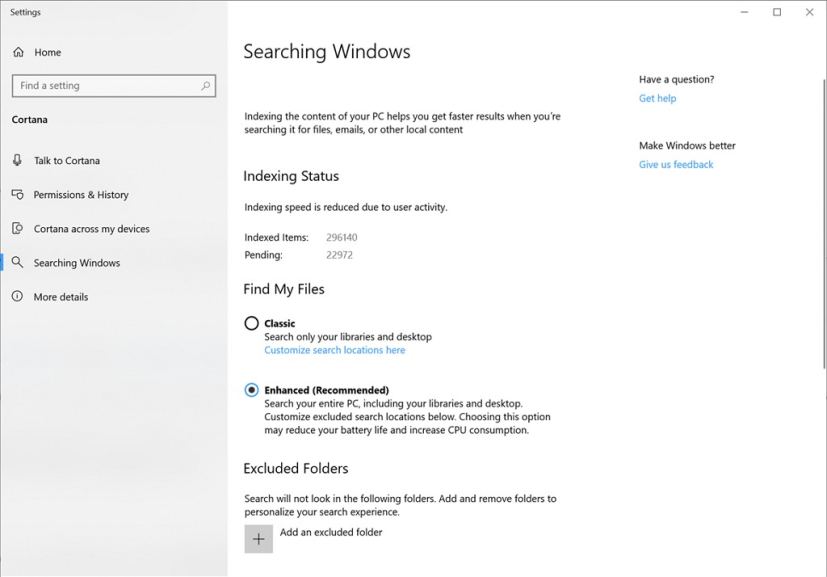 Searching Windows settings on Windows 10 build 18267