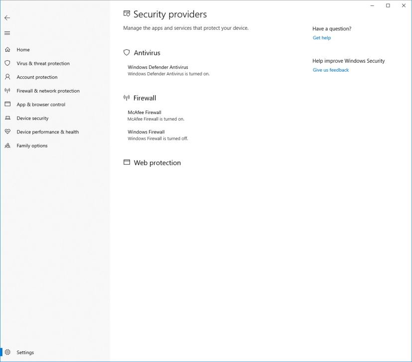 Security Providers settings on Windows Security