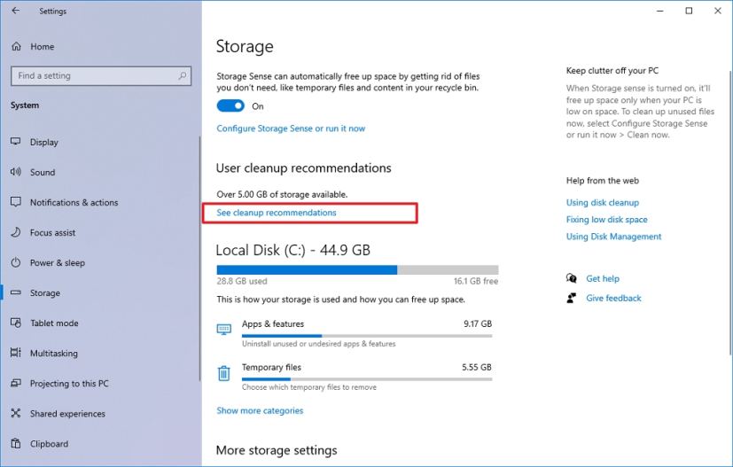 Storage See cleanup recommendations option