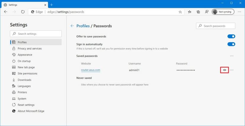 Microsoft Edge Chromium show saved password for website