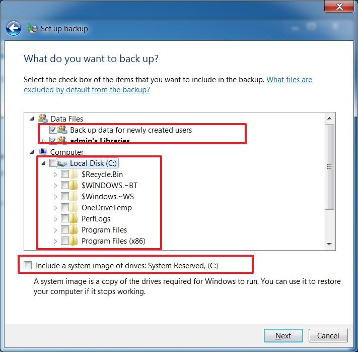 Select files to backup on Windows 7