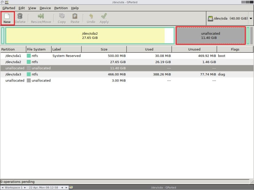 Select unallocated space using GParted