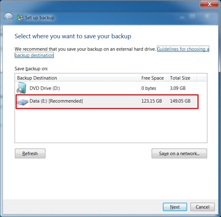 Select file backup destination