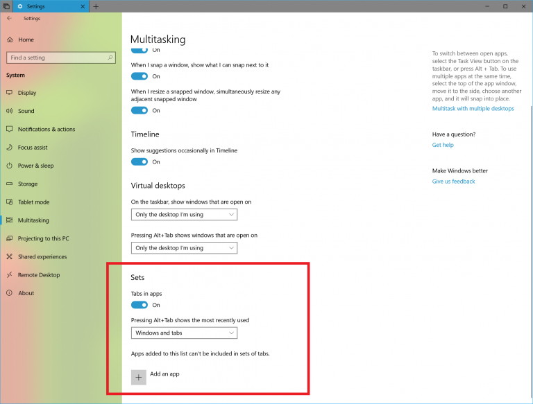 Sets settings on Windows 10 version 1809