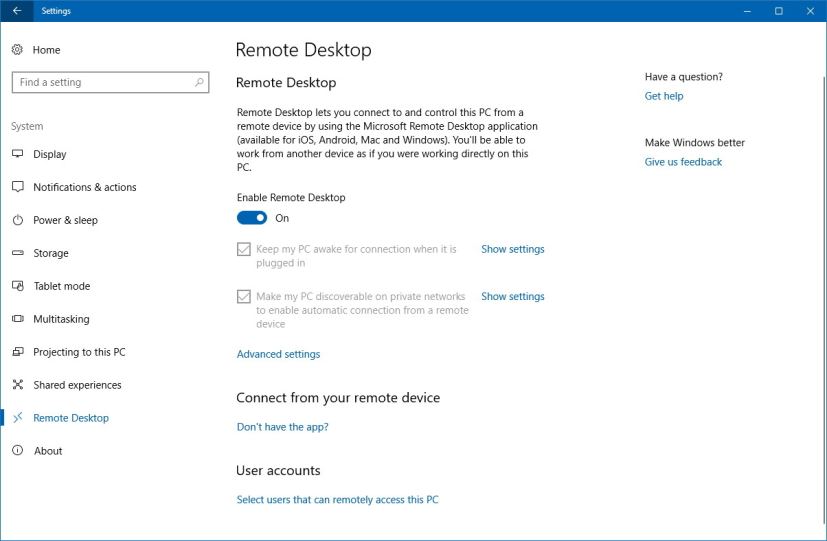Remote Desktop settings