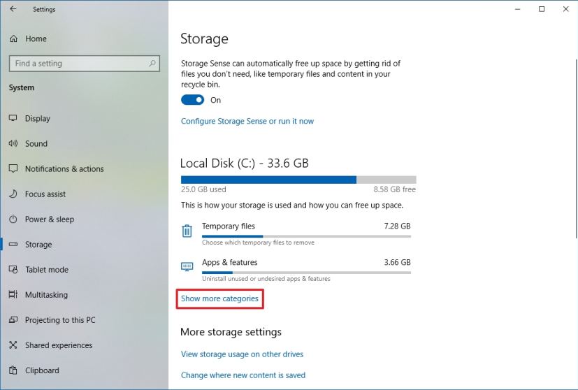 Storage settings with Show more categories