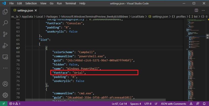 Windows Terminal settings.json profile font