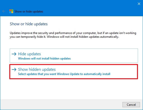 Show hidden updates option