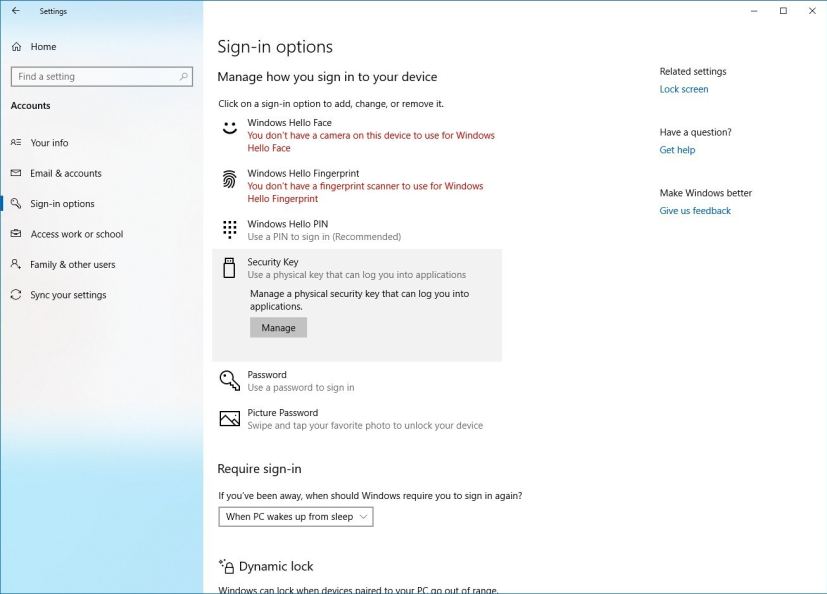 Sign-in options for Windows 10 version 1903