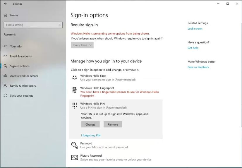 Sign-in options for Windows 10 build 18272