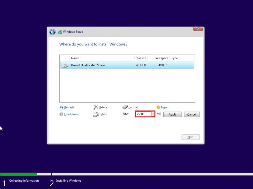 Windows 10 setup, specify partition size