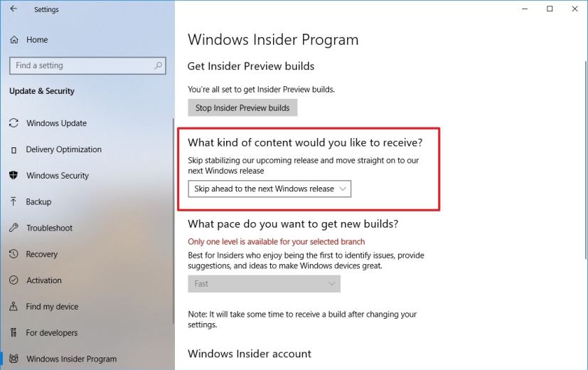 Windows Insider Program settings with Skip Ahead option