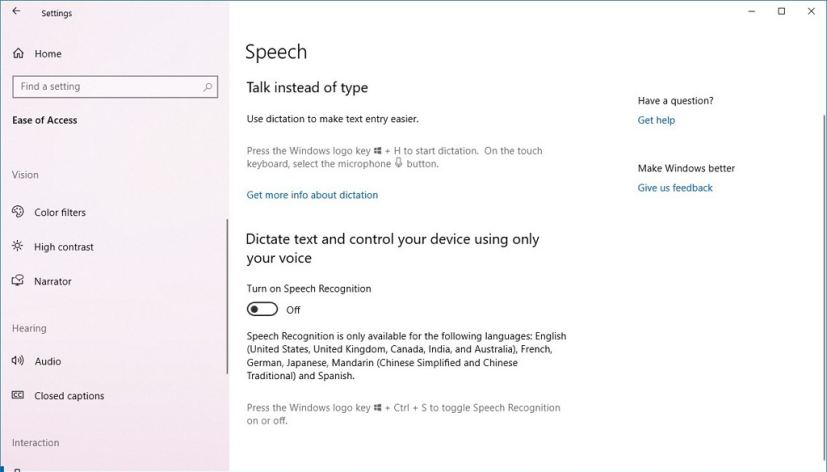 Speech settings page without Cortana references