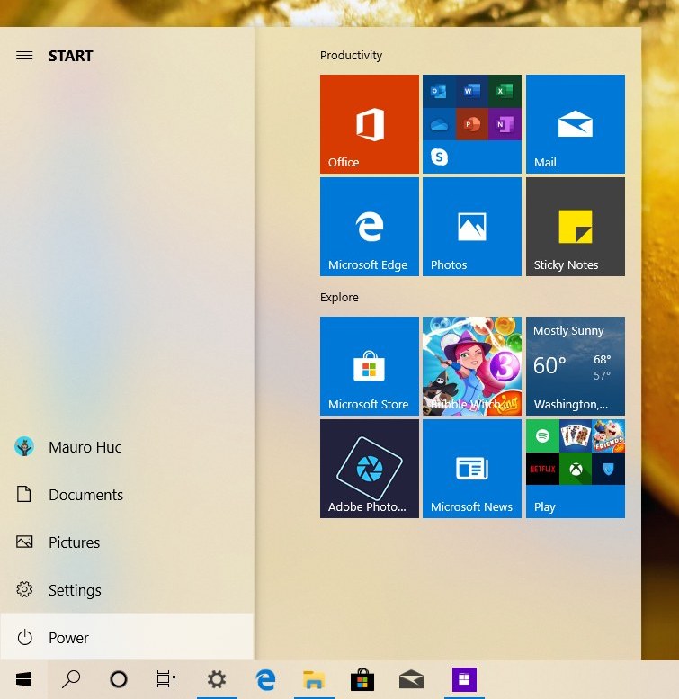 Start menu with left rail expanded on Windows 10 October 2019 Update