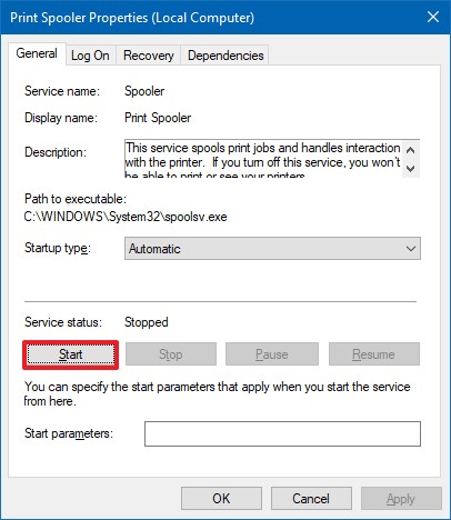 Start Print Spooler on Windows 10