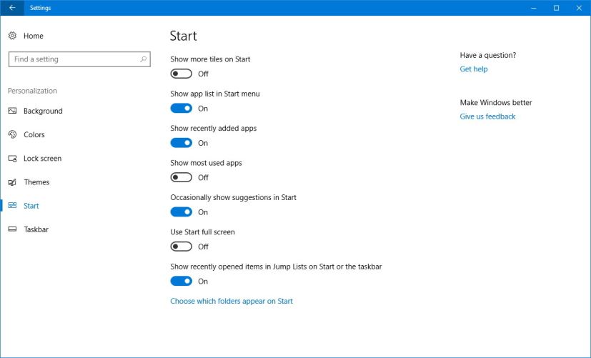 Start settings on Windows 10