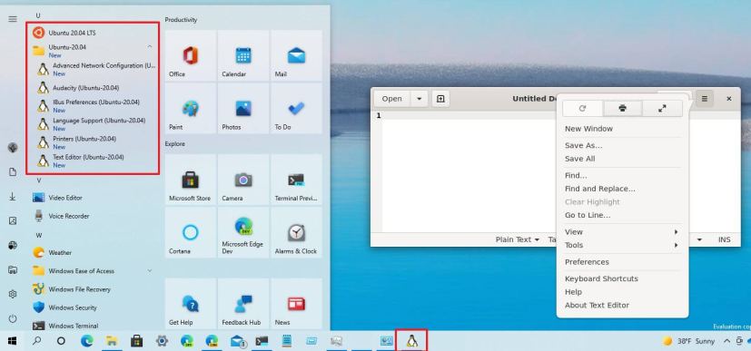 Start menu with Linux GUI apps