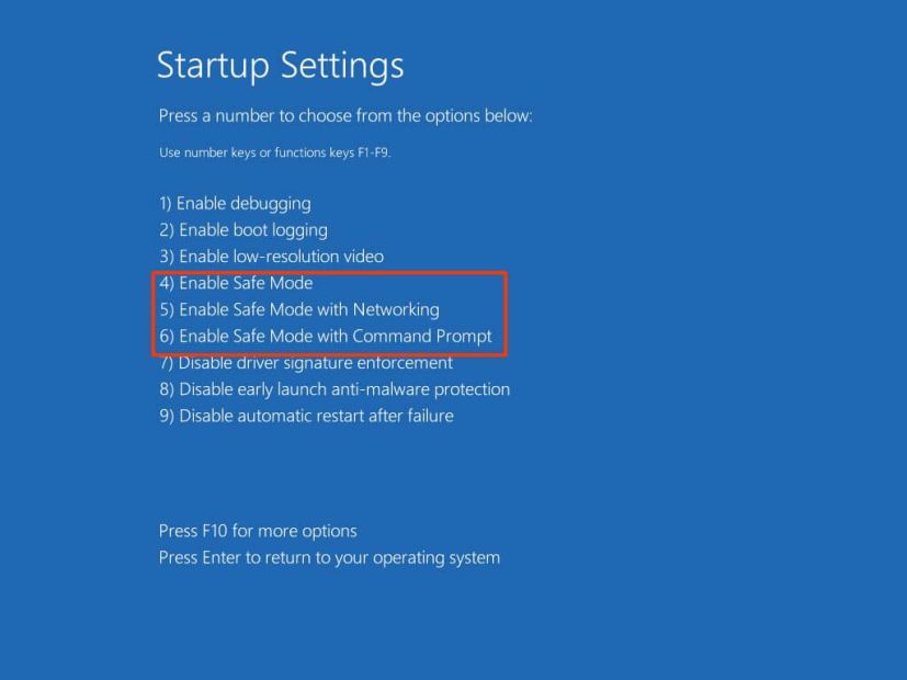 Windows 10 start in Safe Mode options