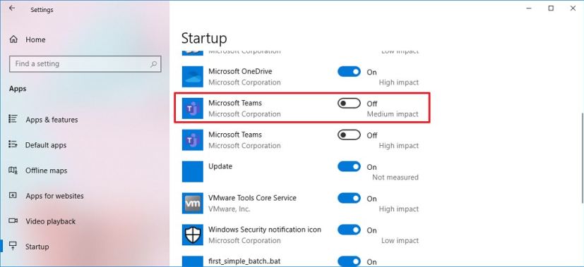 Startup settings disable Teams