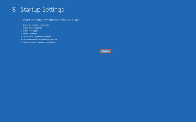 Startup settings restart option