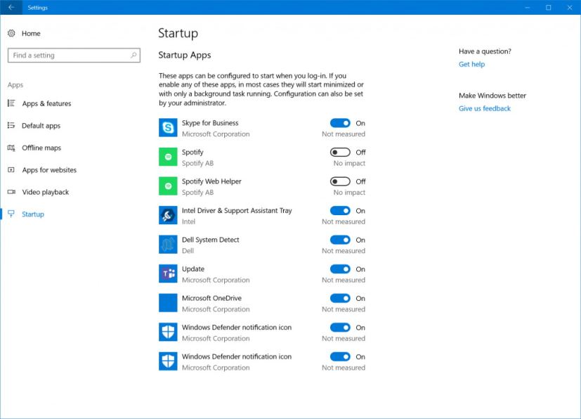 Startup settings on Windows 10 build 17017