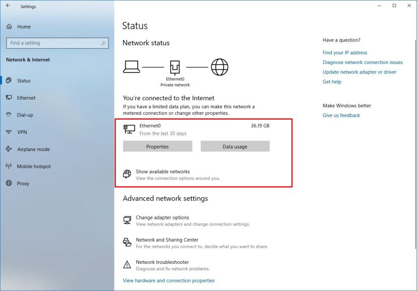 Status settings on Windows 10 20H1