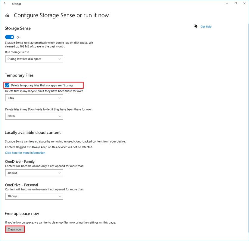 Storage sense automatic settings