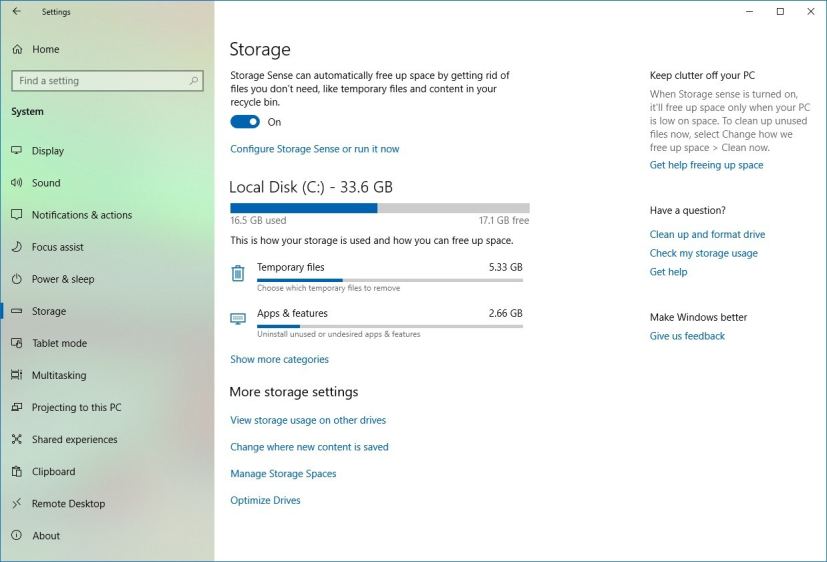 Storage settings on Windows 10 19H1