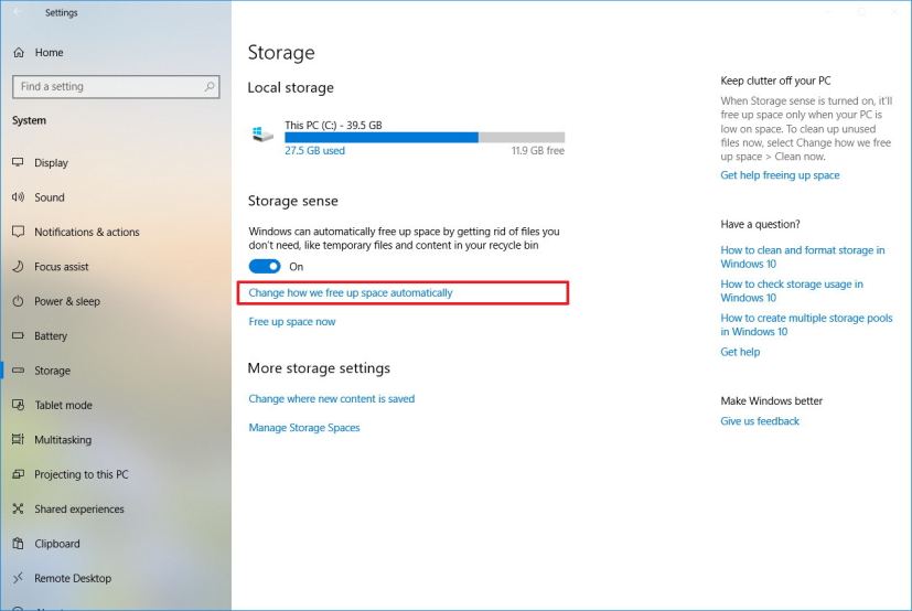 Storage sense settings on Windows 10 version 1809