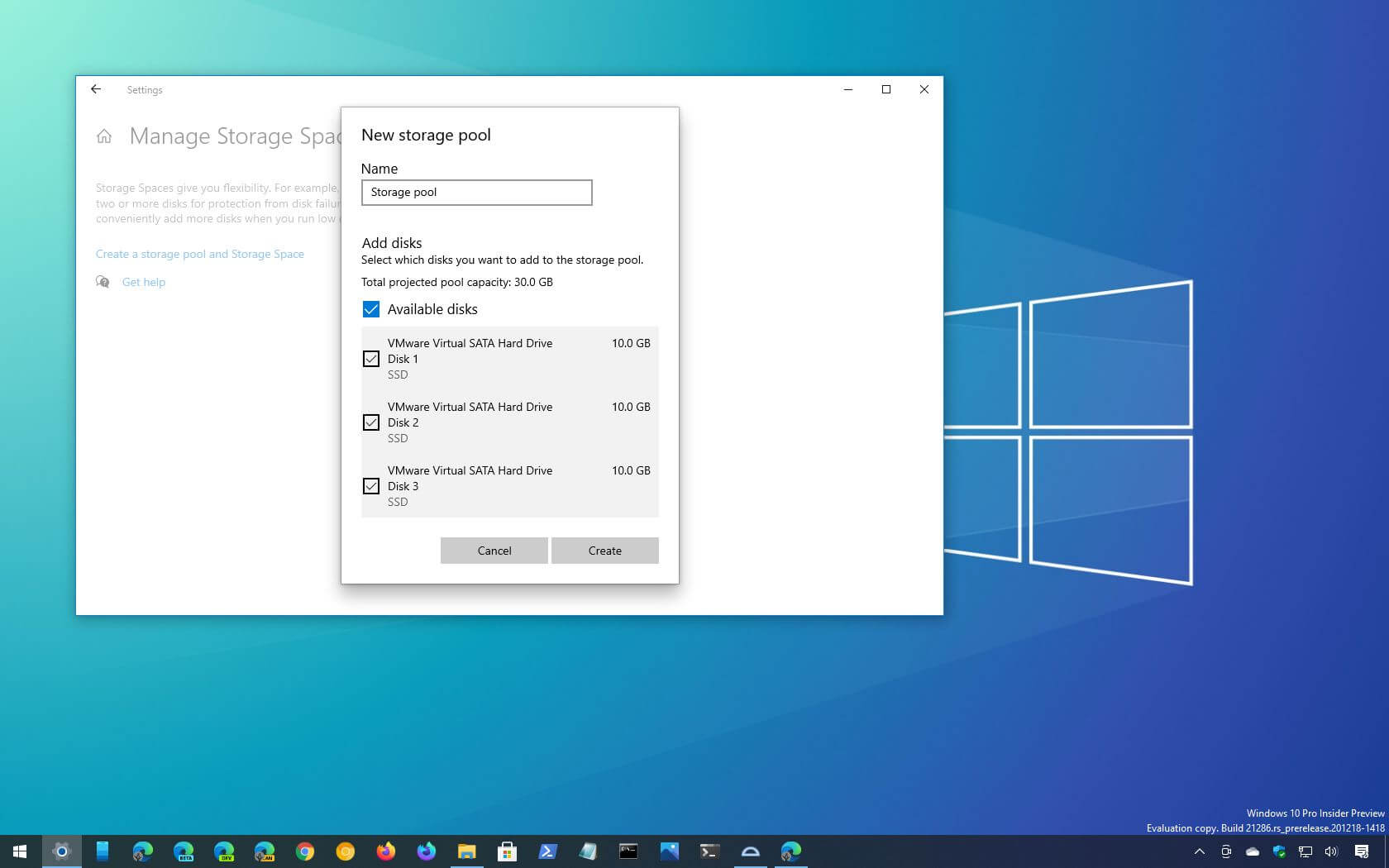 Windows 10 Settings app with Storage Spaces