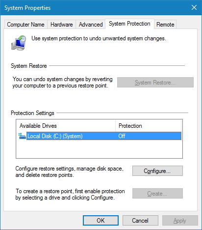 System Restore point settings