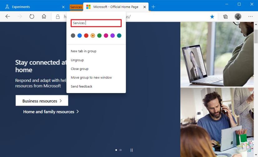 Microsoft Edge tab group settings