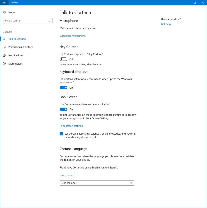 Talk to Cortana settings on Windows 10