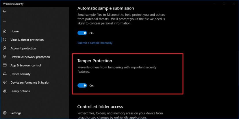 Tamper protection settings for Windows Defender