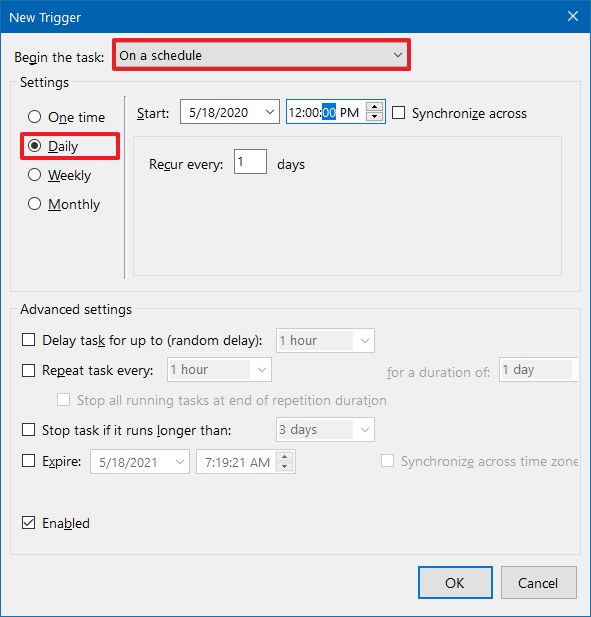 Task Scheduler trigger settings