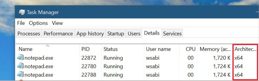 Task Manager Details tab with architecture info (Source: Microsoft)