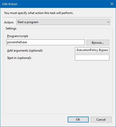 Task Scheduler Action settings