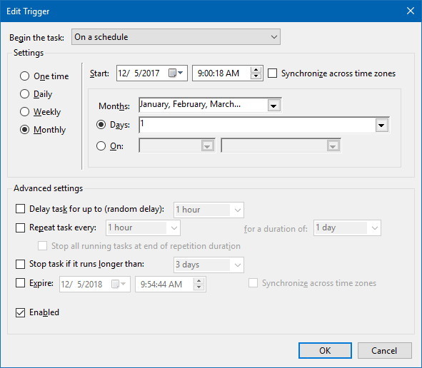 Task Scheduler Trigger settings