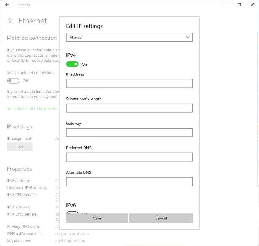 Windows 10 Ethernet TCP/IP settings 