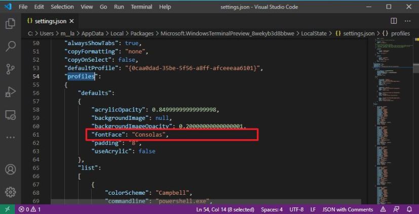 Windows Terminal settings.json global font