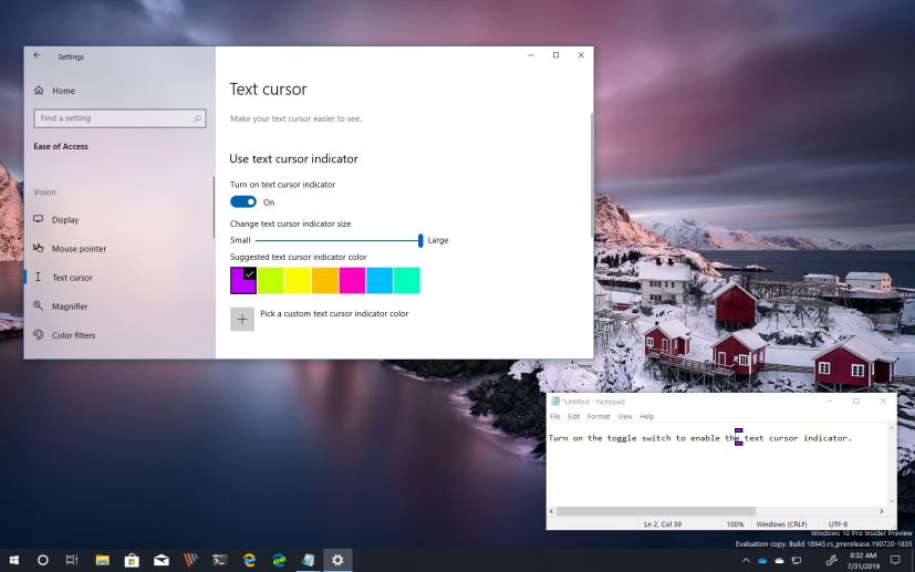 Text cursor indicator settings on Windows 10