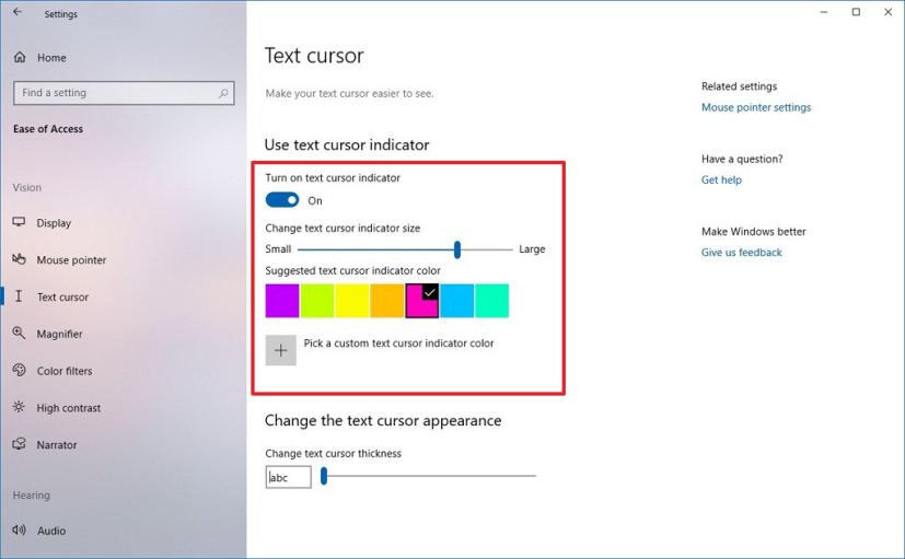 Text cursor indicator size and color settings